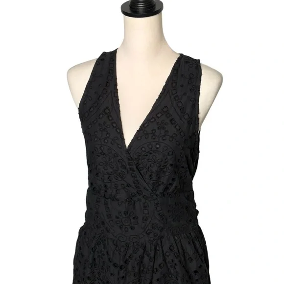 Anthropologie Maeve Eyelet Faux Wrap Midi Dress Size 10 Black Self Tie Belt - Picture 7 of 14